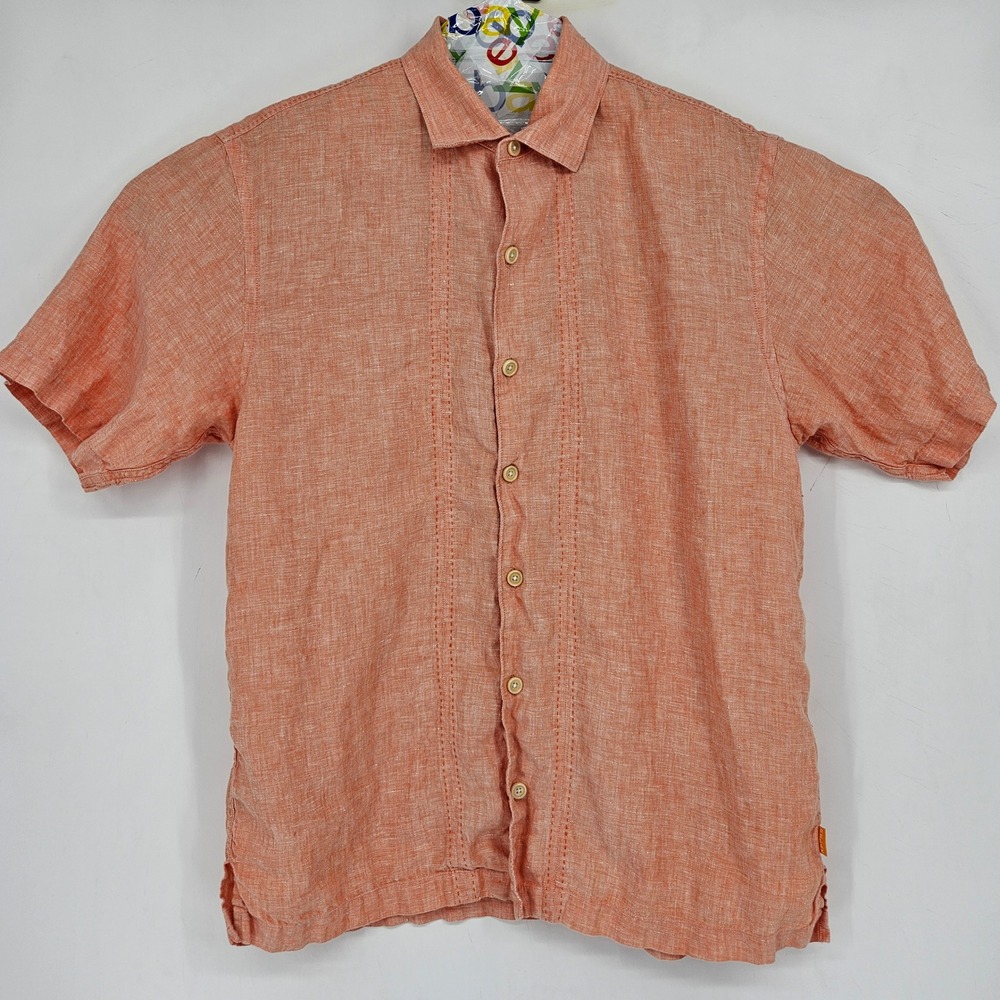 Tommy Bahama Shirt Mens Large Orange Linen Button Up Short Sleeve Casual‎ Summer